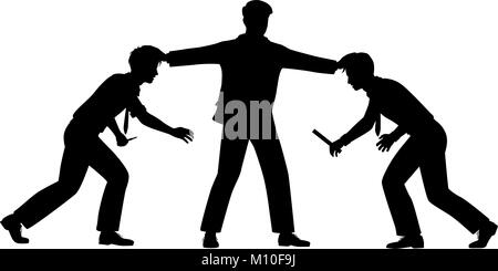 Editable vector silhouette illustration of two office workers held apart by a manager with figures as separate objects