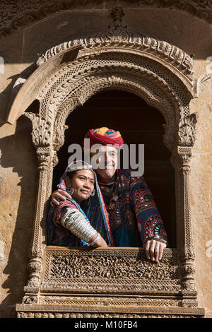 Dressed like royalty at the sandstone carved Patwon Ji Ki Haveli, Jaisalmer, Rajasthan, India Stock Photo