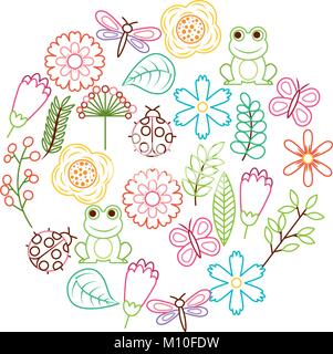 set of spring theme nature flowers love birds butterflies ladybugs frog dragonfly