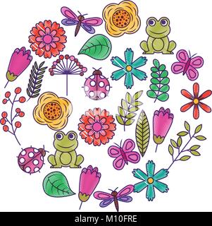 set of spring theme nature flowers love birds butterflies ladybugs frog dragonfly