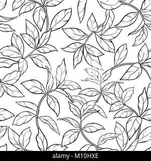 Vector seamless summer pattern. Black contour leaves. Cute baby