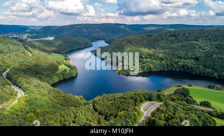 Bird's eye view over beautiful landscape with a lake and green forest from above taken by a drone Stock Photo