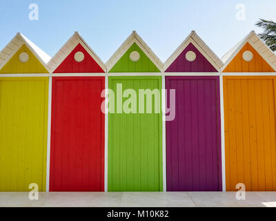 Beach huts, Le Lavandou, France. The coastal town adjacent to Bormes Les Mimosa. Stock Photo