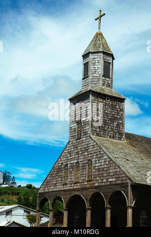 Chiloe Island, Achao (Chile): Church of Santa Maria de Loreto, UNESCO World Heritage Site, outer view Stock Photo