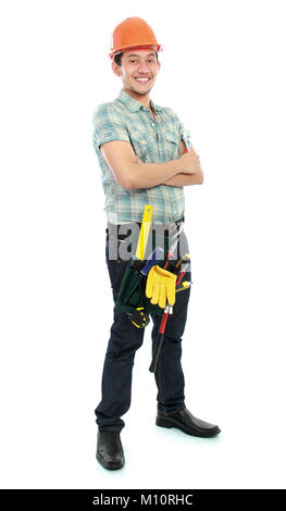 Full body portrait of an happy worker holding a wrench isolated on white background Stock Photo