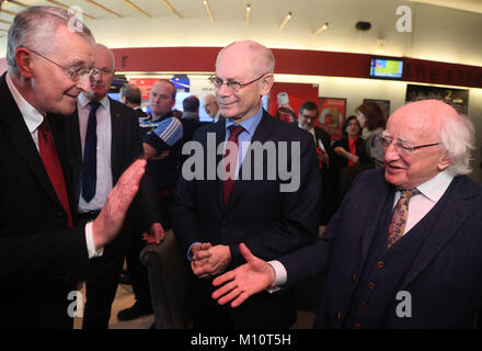 President Michael D Higgins (right) with Herman Van Rompuy, President emeritus of the European Council (centre), and Hilary Benn, Chairman of the UK House of Commons Committee on Exiting the EU, at a one-day conference to formally launch the DCU Brexit Institute at The Helix, DCU. Stock Photo
