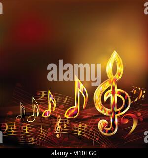 Dark music background with golden musical notes and treble clef Stock Vector
