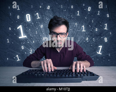 A funny hacker working hard on online passcode scanning and solving passwords with 0 1 numbers illustration in background concept Stock Photo