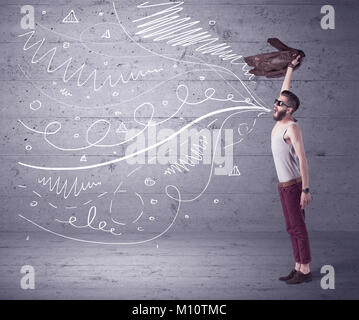 A mad hipster guy with beard shouting drawn white lines, curves on concrete urban wall illustration background concept Stock Photo