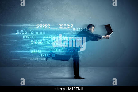 Business man running with media device and high tech wireless data concept on background Stock Photo
