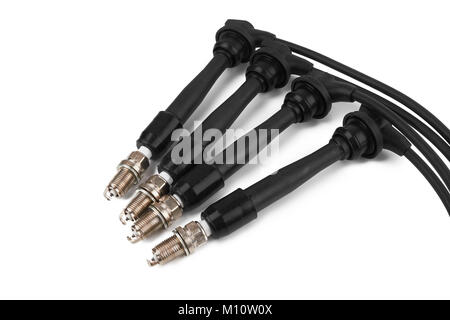 able set spark plug wires isolated on white background Stock Photo