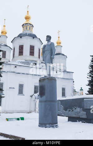 Semyon Dezhnev Monument on background the cathedral in Veliky Ustyug, Vologda region, Russia Stock Photo