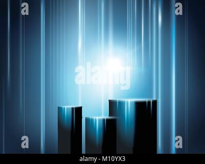 Glowing exhibition stage, cuboids for product displaying with rays and light effects Stock Vector