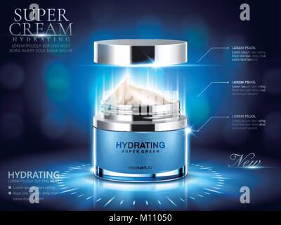 Hydrating cream ads, blue cream jar with open lid and bokeh background in 3d illustration Stock Vector