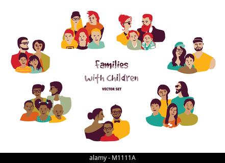 Happy families parents with children isolated groups set. Stock Vector