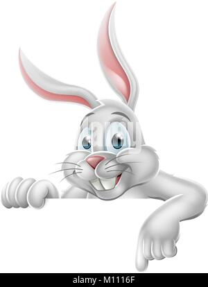 Peeking Easter Bunny Rabbit Pointing Cartoon Sign Stock Vector