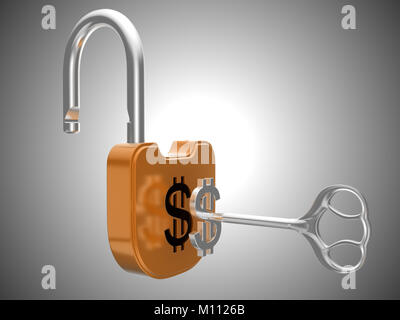 Unlocking the US dollar currency lock. Over grey background Stock Photo