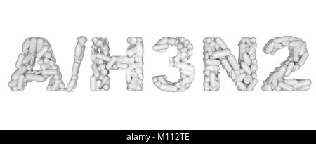 Flu H3N2 warning - word assemled with white pills isolated over white Stock Photo