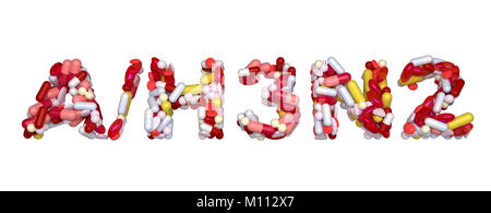 Swine Flu H3N2 virus - word assemled with pills isolated over white Stock Photo