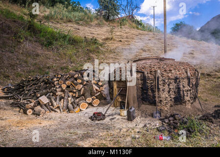 Traditional method of charcoal production method in Lucani municipality, Moravica District of Serbia Stock Photo