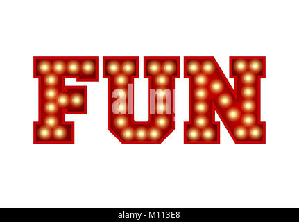 Fun word made from red vintage lightbulb lettering isolated on a white. 3D Rendering Stock Photo