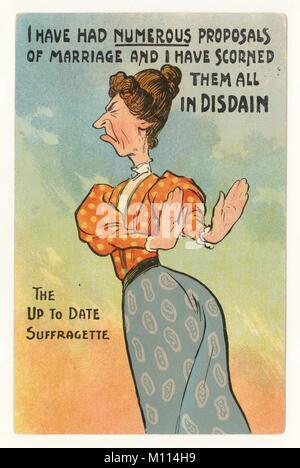 Anti-suffragette misogynistic comic postcard of unatttractive old maid reads 'The up to date Suffragette' and 'I have had numerous proposals of marriage and I have scorned them all in disdain', postmarked 1911, U.K. Stock Photo