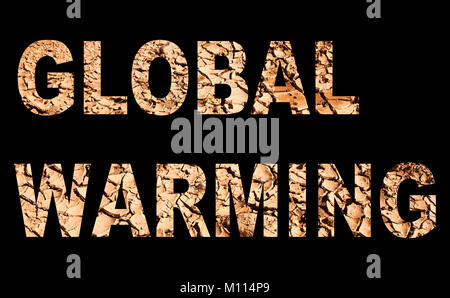 Global warming spelled out with drought mudcracks. Stock Photo