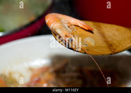 fresh gulf shrimps with garlic fried in olive oil Stock Photo