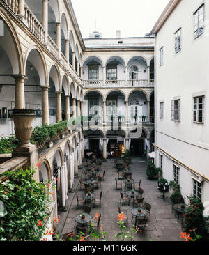 Italian courtyard with arcade of Korniakt palace or kamienica Krolewska in Lviv, Ukraine Stock Photo