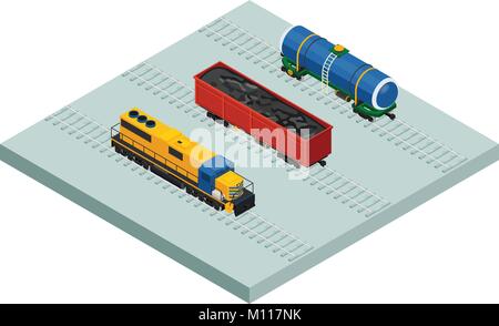 Vector isometric railroad cargo trains and cars icon set Stock Vector