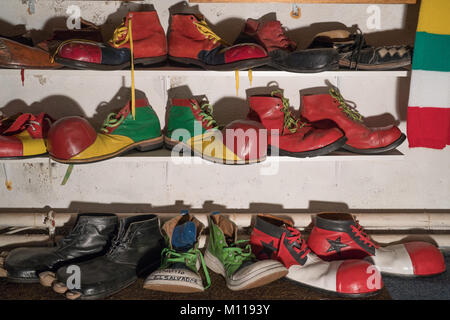 Traditional clown's shoes in the Clowns Gallery and Museum in London. Photo date: Thursday, January 25, 2018. Photo: Roger Garfield/Alamy Stock Photo