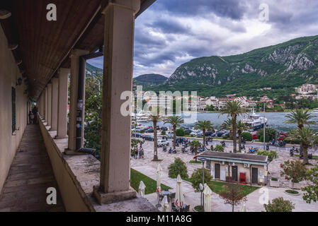 Aerial view of market square between marina and Old Town of Kotor coastal city, located in Bay of Kotor of Adriatic Sea, Montenegro Stock Photo