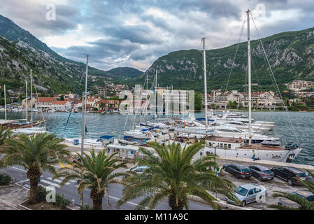 View from Old Town ramparts on port in Kotor coastal city, located in Bay of Kotor of Adriatic Sea, Montenegro Stock Photo