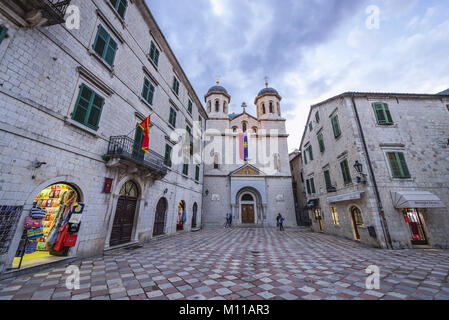 Serbian Orthodox Church of Saint Nicholas at Saint Luce Square on the Old Town of Kotor coastal city, located in Bay of Kotor, Montenegro Stock Photo