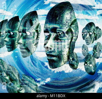 Electronic Faces hovers. 3D rendering. Stock Photo