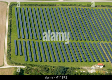 Aerial view of field with solar panels, Türkenfeld,  Bavaria, Germany