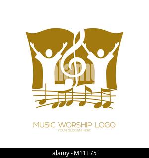 Music logo. Christian symbols. Worshiping God, people and the treble clef on the background of the Bible Stock Vector