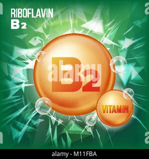 Vitamin B2 Riboflavin Vector. Vitamin Gold Oil Pill Icon. Vitamin Gold Pill Icon. Medicine Capsule. For Beauty, Cosmetic, Heath Promo Ads Design. 3D Vitamin Complex With Chemical Formula. Illustration Stock Vector