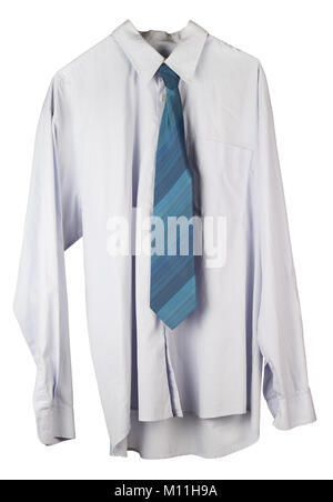 Old wrinkled washed  blue  shirt and tie is hanging on a hanger. Isolated on white with patch studio shot Stock Photo