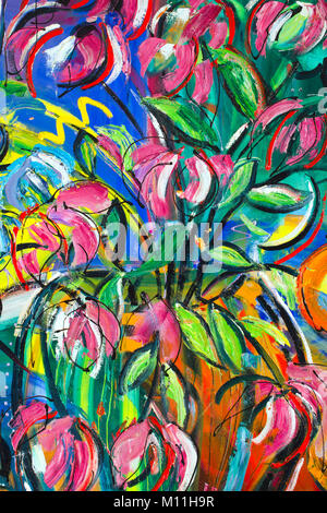 Vibrant multi-colored original oil painting semi-abstract close up detail showing brushwork and canvas textures - flowers Stock Photo