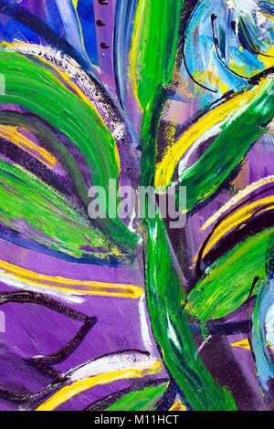 Vibrant multi-colored original oil painting semi-abstract close up detail showing brushwork and canvas textures - leaves Stock Photo