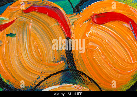 Vibrant multi-colored original oil painting semi-abstract close up detail showing brushwork and canvas textures - fruit Stock Photo