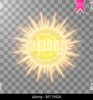 Bitcoin coin over golden explosion background with glitters stars and sparkles on transparent background Stock Vector