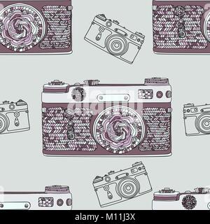 Vintage retro photo camera seamless pattern. Mandala style fabric design. Boho style vector illustration. Stock Vector