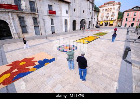 PRAVIA, SPAIN - JUNE 4: Carpets of flowers for the celebration of Corpus Christi  in June 4, 2015 in Pravia, Spain. During the past two months, fifty  Stock Photo