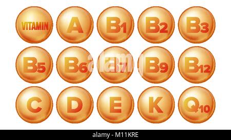 Vitamin Icons Set Vector. Organic Vitamin Gold Pill Icon. Medicine Capsule, Golden Substance. 3D Vitamin Complex With Chemical Formula. Isolated Illustration Stock Vector