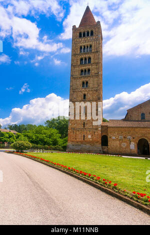 Pomposa Abbey, benedictine monastery medieval church and campanile tower. Codigoro Ferrara, Emilia Romagna, Italy Europe. Stock Photo
