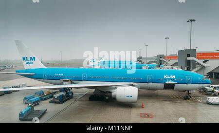 Boeing 777-206 KLM airplanes on tarmac at Schiphol Airport in Amsterdam, Netherlands. KLM is the flag-carrier airliner of the Netherlands Stock Photo
