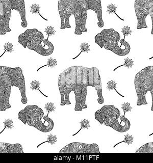 Elephants seamless pattern in asian style. Mandala style background. Vector illustration. Stock Vector
