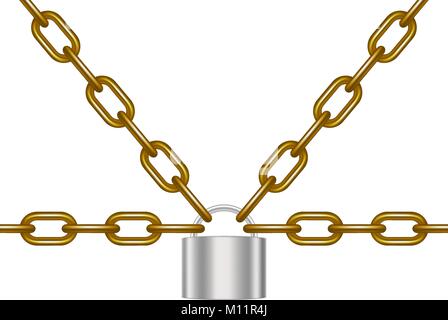 Brown chains locked by padlock in silver design on white background Stock Vector